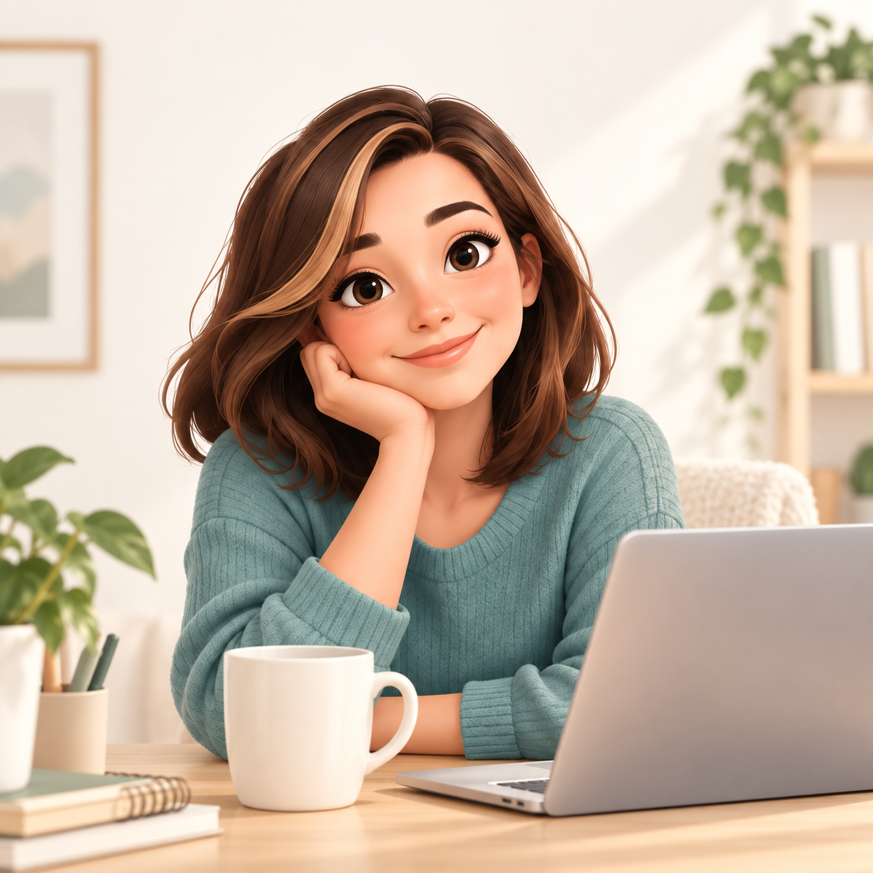Mia sonríe desde su escritorio, lista para acompañarte en tu día a día